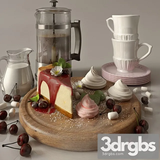 Kitchen set with cofee and cherry cheesecake 3D Model Free