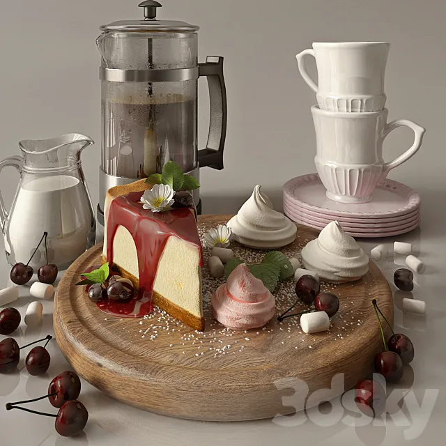 Kitchen set with cofee and cherry cheesecake 3D Model