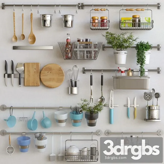 Kitchen utensils with spices groceries and flowerpots 3D Model Free