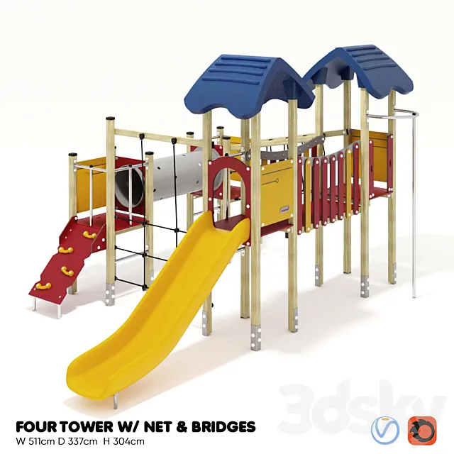 KOMPAN. FOUR TOWERS WITH NETWORK AND BRIDGES 3D Model
