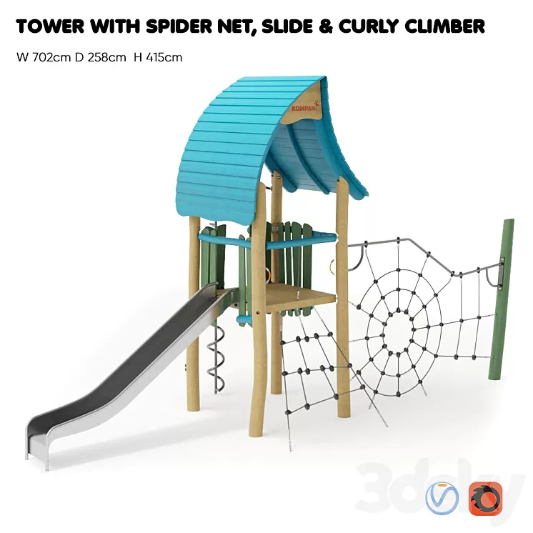 "KOMPAN. “TOWER WITH SPIDER NET SLIDE & CURLY CLIMBER""" 3D Model