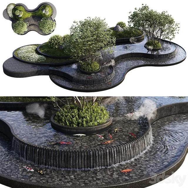 Landscaping Figure with Plants Waterfalls and Fish 1 3D Model