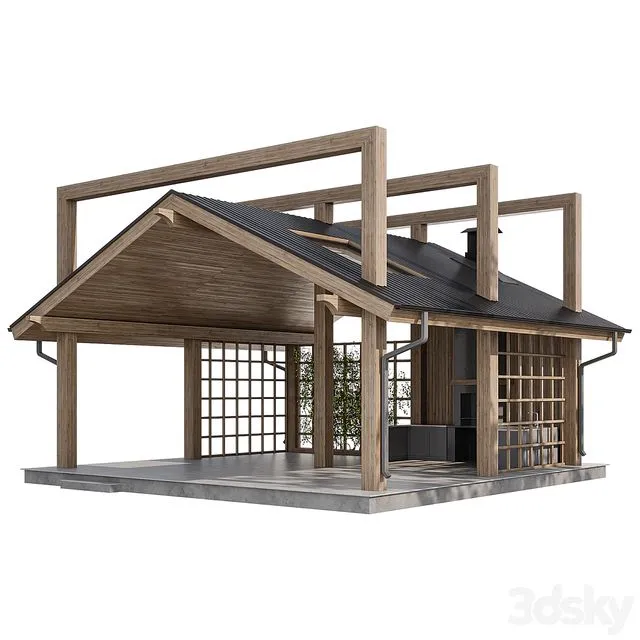 Large gazebo with barbecue 3D Model