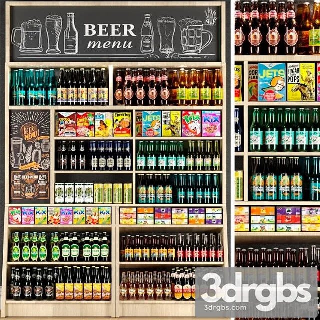 Large shelf in the supermarket with beer and cider 3D Model Free