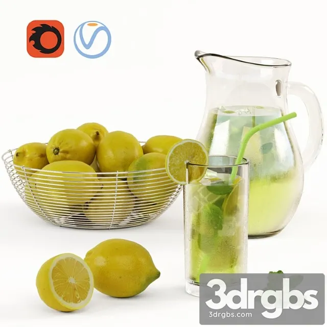 Lemonade and bowl with lemons 3D Model Free