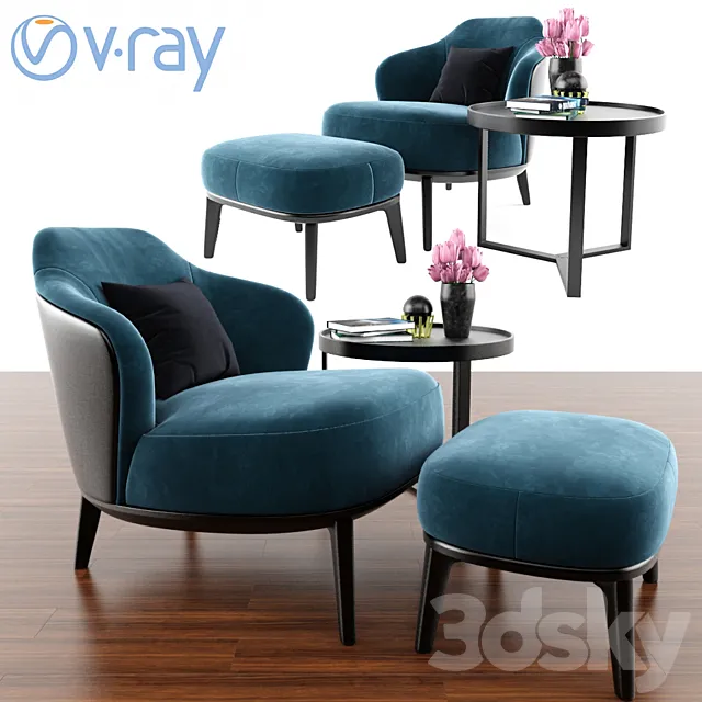 Leslie Ottoman Minotti With Armlesschair & Aula Coffee Table 3DModel