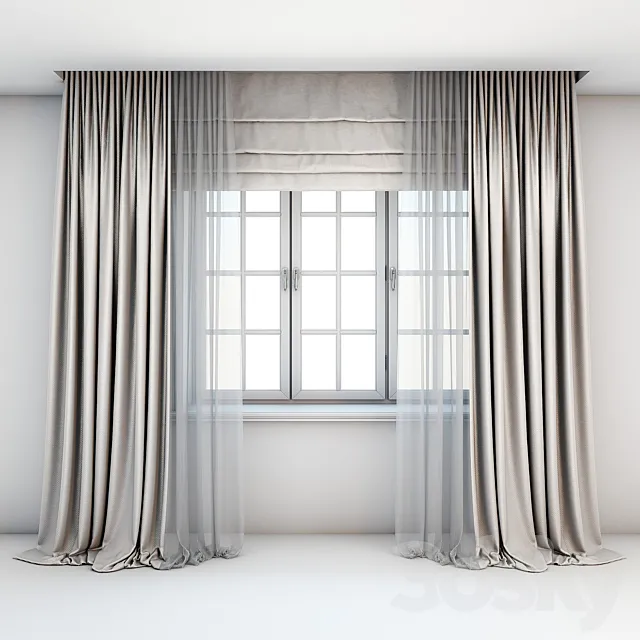 Light beige curtains in the floor with tulle decoration. Roman curtains and a window with layouts. 3DModel