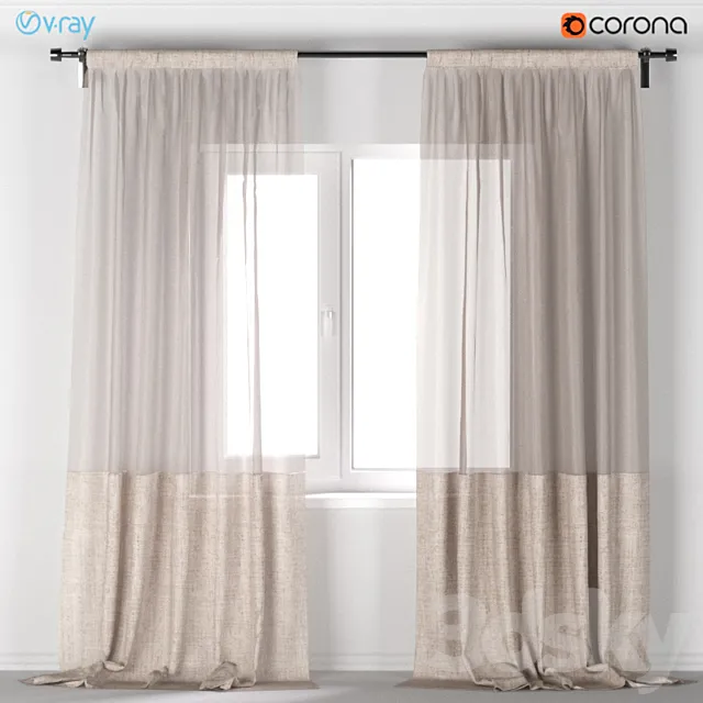 Light beige curtains of linen and tulle. 3D Model