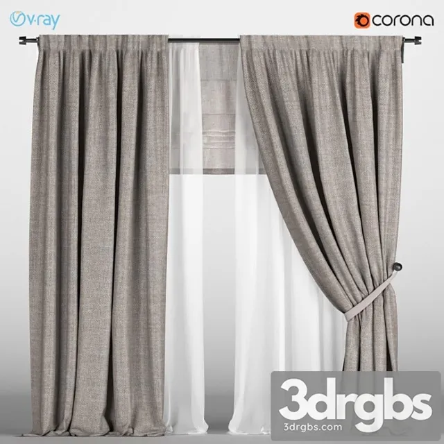Light brown curtains with pickup + white tulle + roman curtain. 3D Model Free