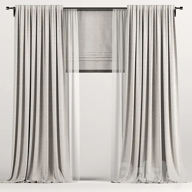 Light brown curtains with Roman and tulle. 3D Model