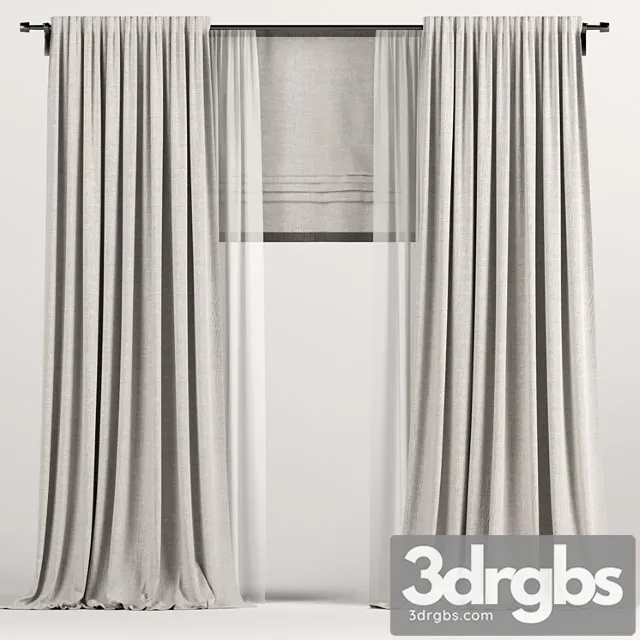 Light brown curtains with roman and tulle. 3D Model Free