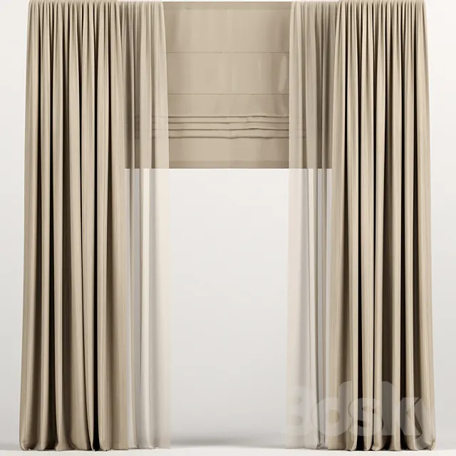 Light brown curtains with Roman and tulle. 3D Model