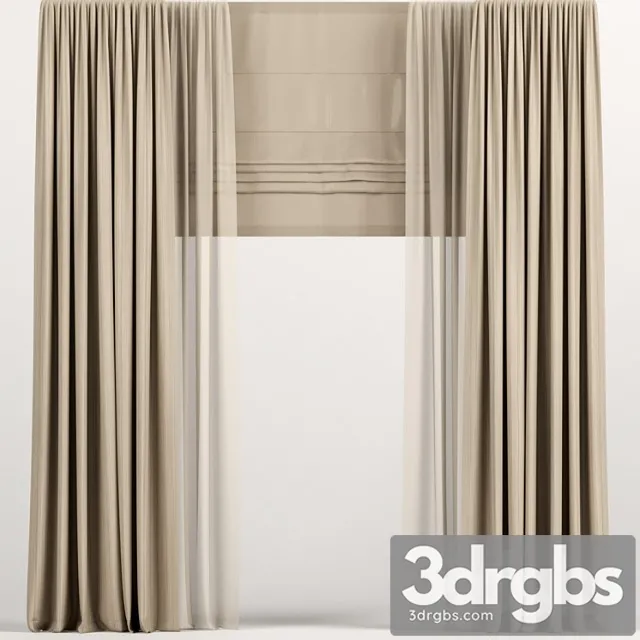 Light brown curtains with roman and tulle._2 3D Model Free