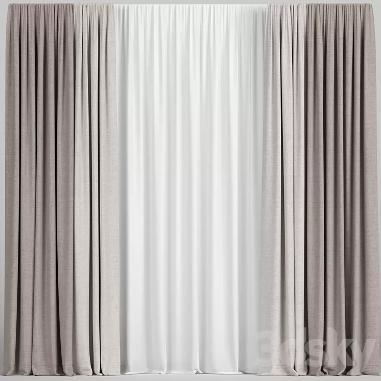 Light brown curtains with tulle. 3D Model