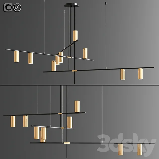Light Suspension Chandelier in Black and Gold 02 3D Model