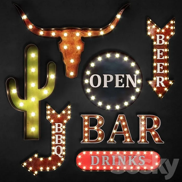 Lighted Metal sign. Set 17 3D Model