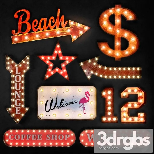 Lighted metal sign. set 19 3D Model Free