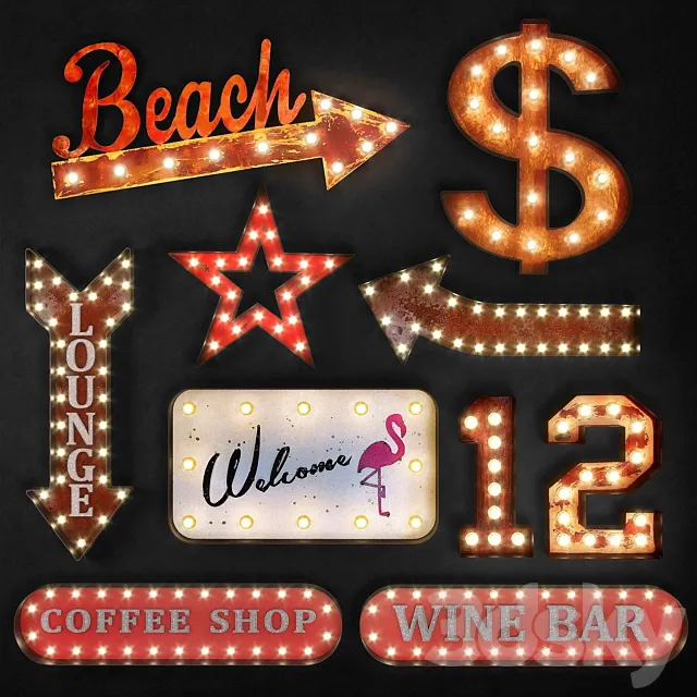 Lighted Metal sign. Set 19 3D Model