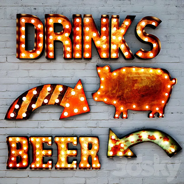 Lighted Metal sign. Set 3 3DModel