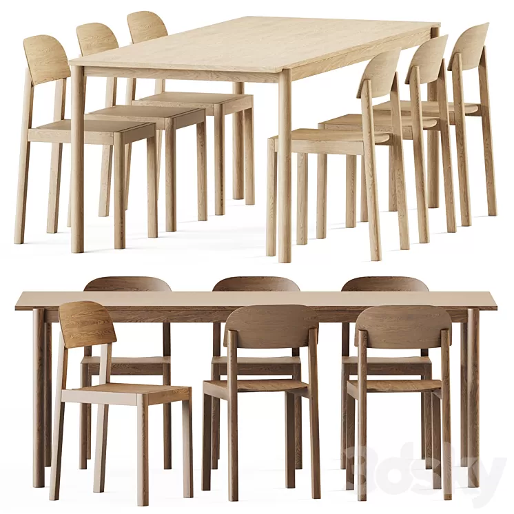 Linear Wood Table and Wooden Workshop Chairs by Muuto 3D Model Free