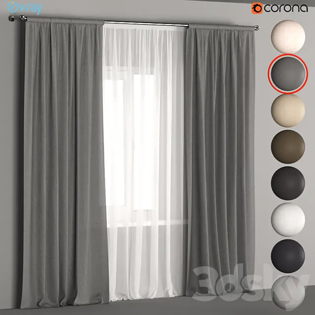 Linen curtains in 8 neutral colors with tulle. 3DModel
