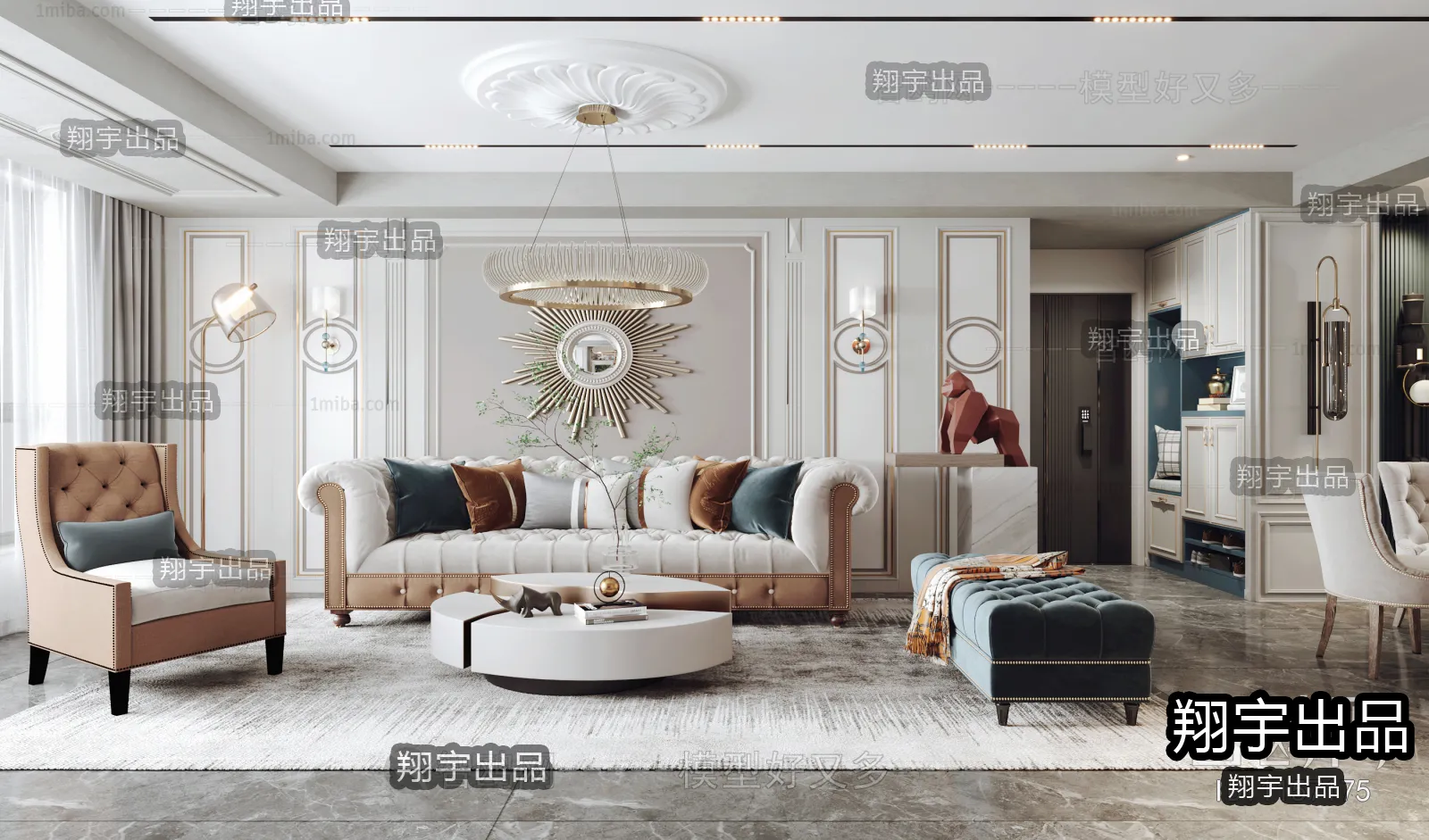 Living Room 3D Interior Scene - American Style - 001
