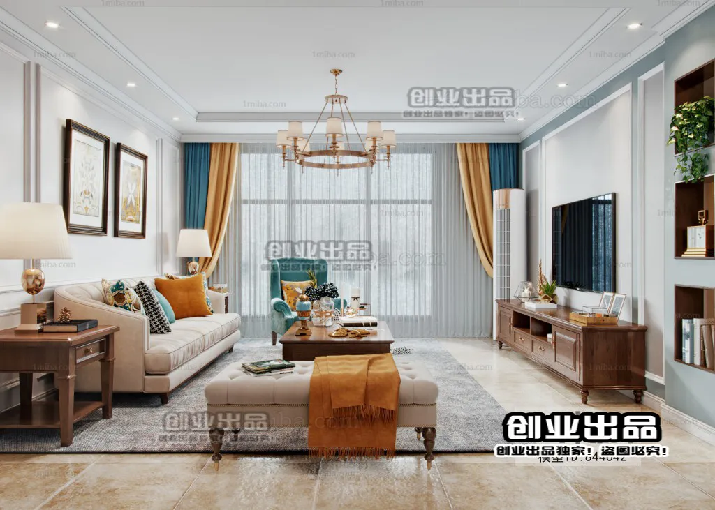 Living Room 3D Interior Scene - American Style - 002