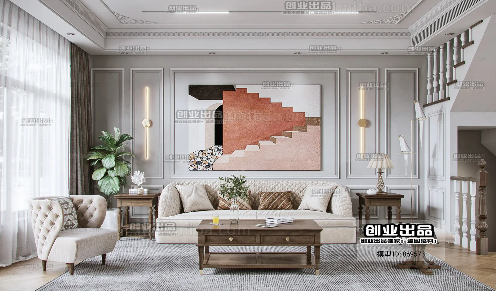 Living Room 3D Interior Scene - American Style - 006