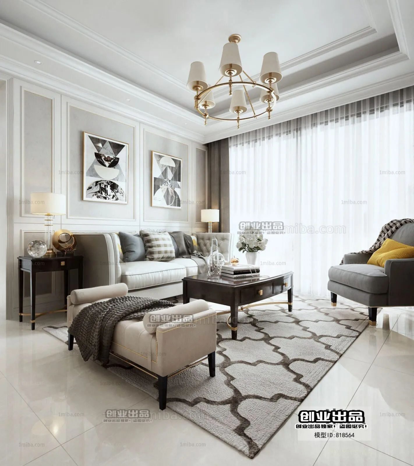 Living Room 3D Interior Scene - American Style - 009