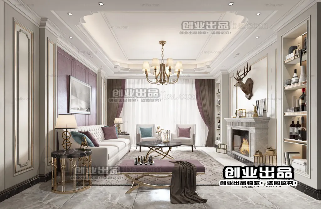 Living Room 3D Interior Scene - American Style - 010