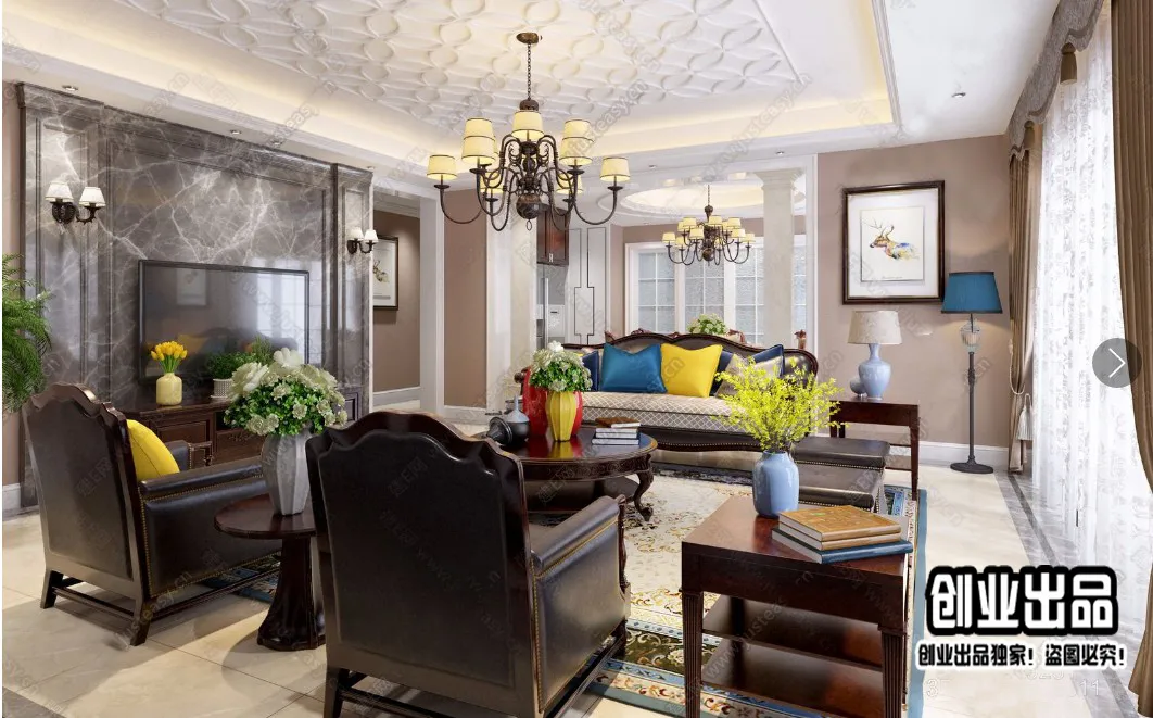 Living Room 3D Interior Scene - American Style - 011