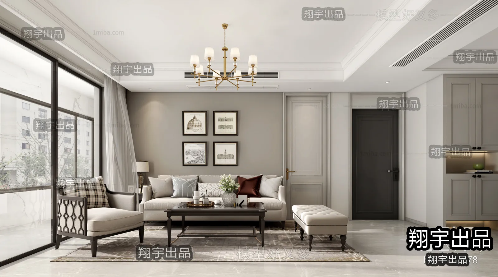 Living Room 3D Interior Scene - American Style - 012