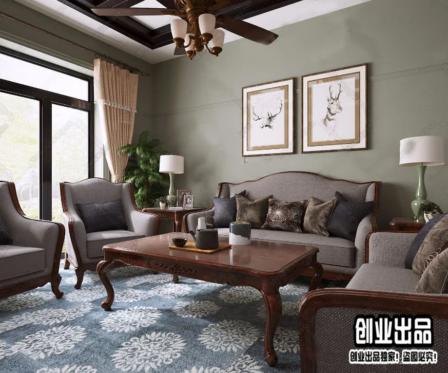 Living Room 3D Interior Scene - American Style - 013