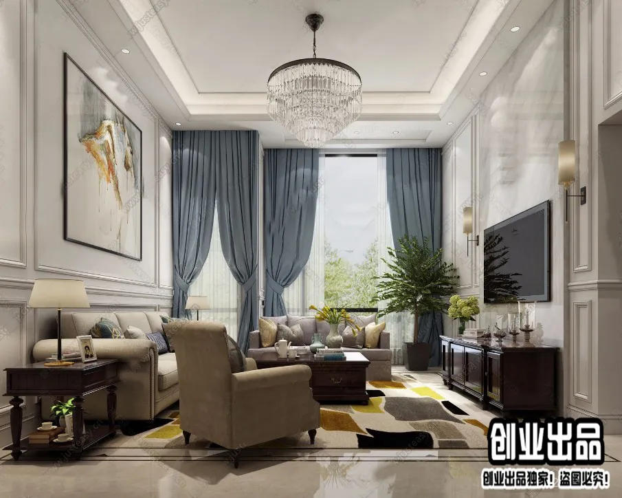 Living Room 3D Interior Scene - American Style - 014