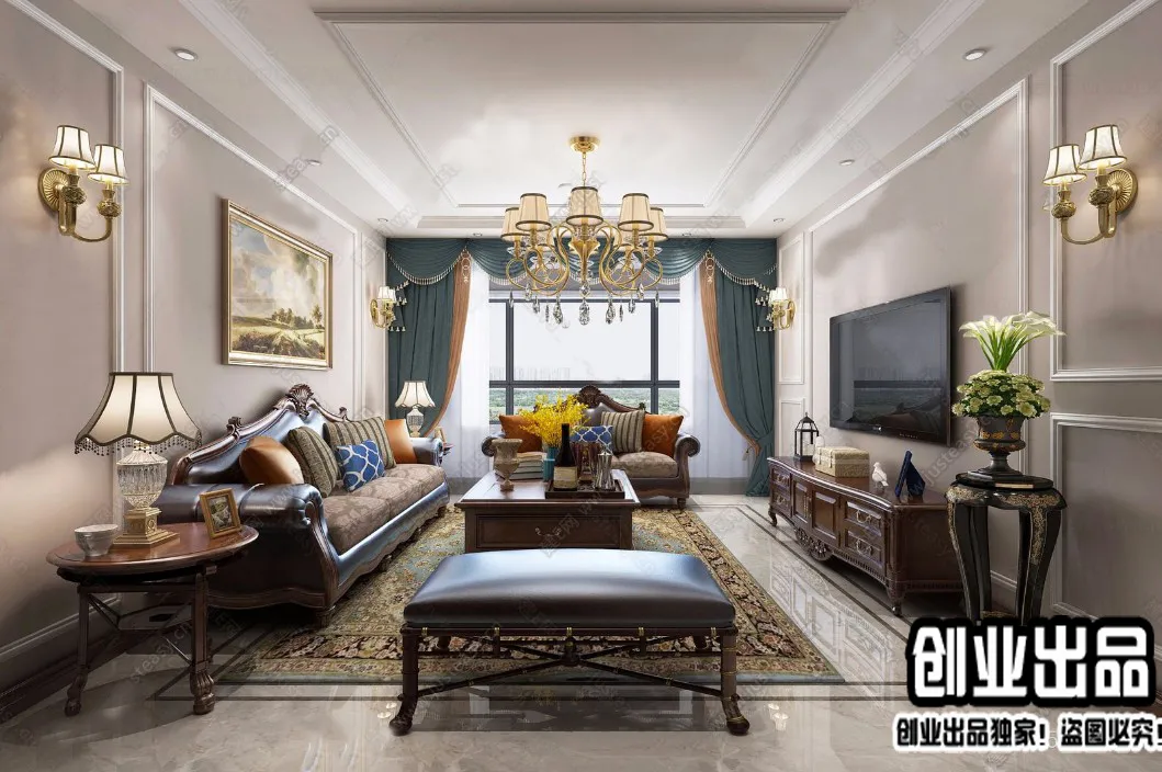 Living Room 3D Interior Scene - American Style - 016