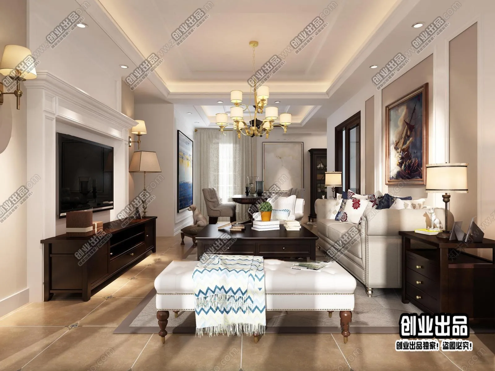 Living Room 3D Interior Scene - American Style - 017