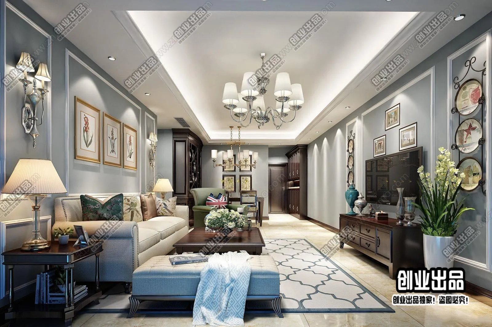Living Room 3D Interior Scene - American Style - 018