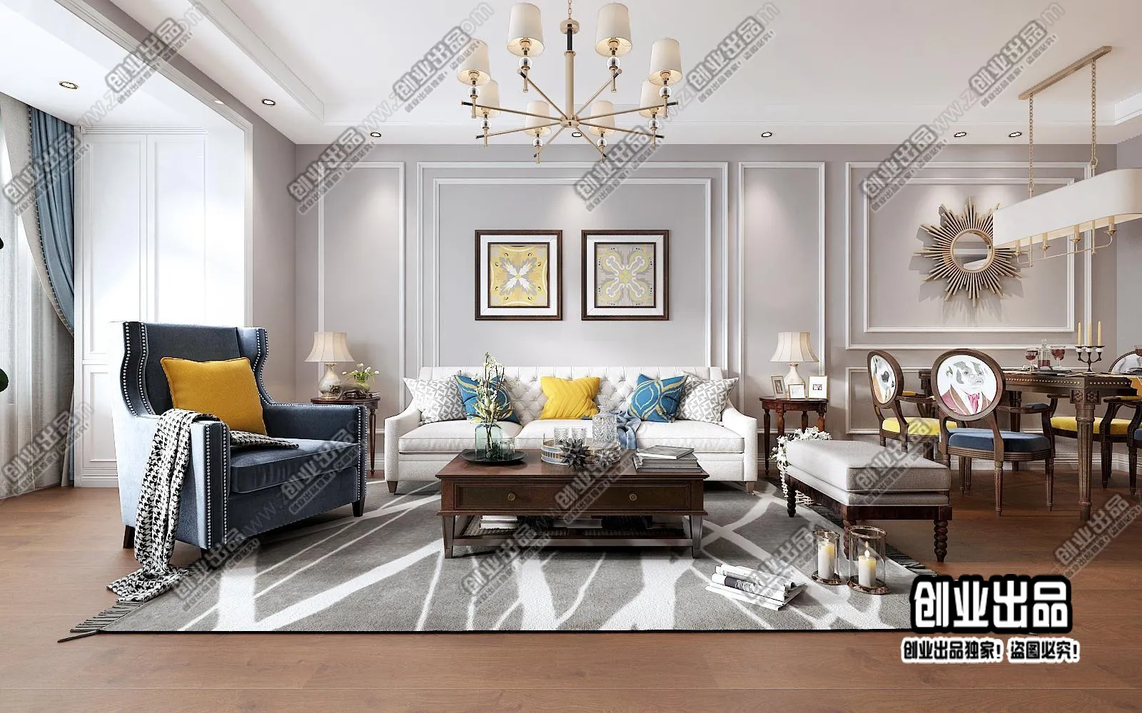 Living Room 3D Interior Scene - American Style - 019