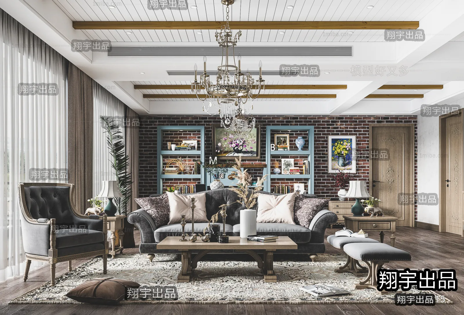 Living Room 3D Interior Scene - American Style - 020
