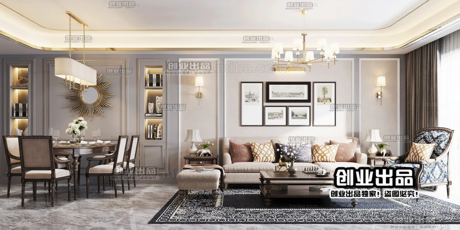 Living Room 3D Interior Scene - American Style - 023