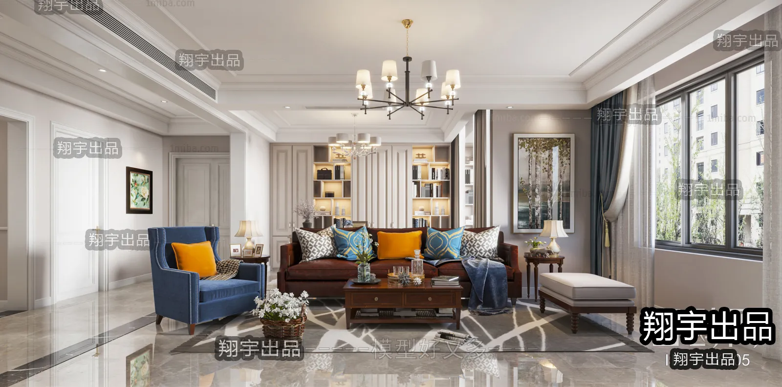 Living Room 3D Interior Scene - American Style - 028