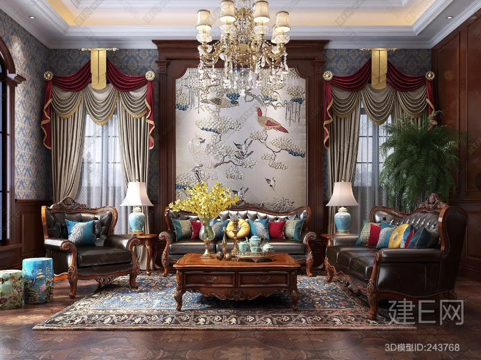 Living Room 3D Interior Scene - American Style - 031