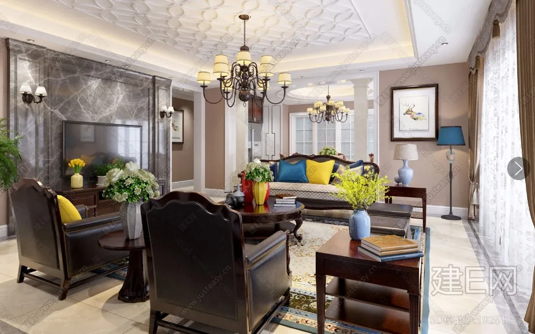 Living Room 3D Interior Scene - American Style - 032