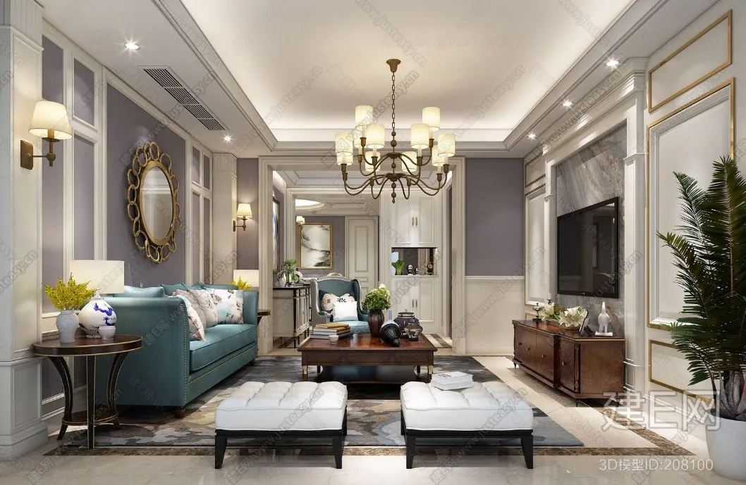 Living Room 3D Interior Scene - American Style - 033