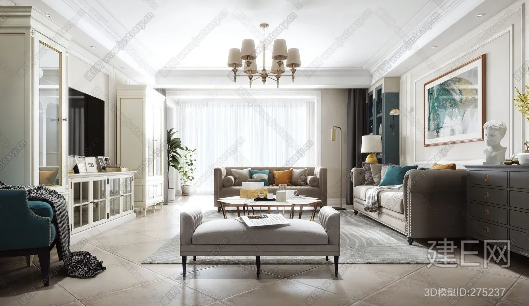 Living Room 3D Interior Scene - American Style - 034