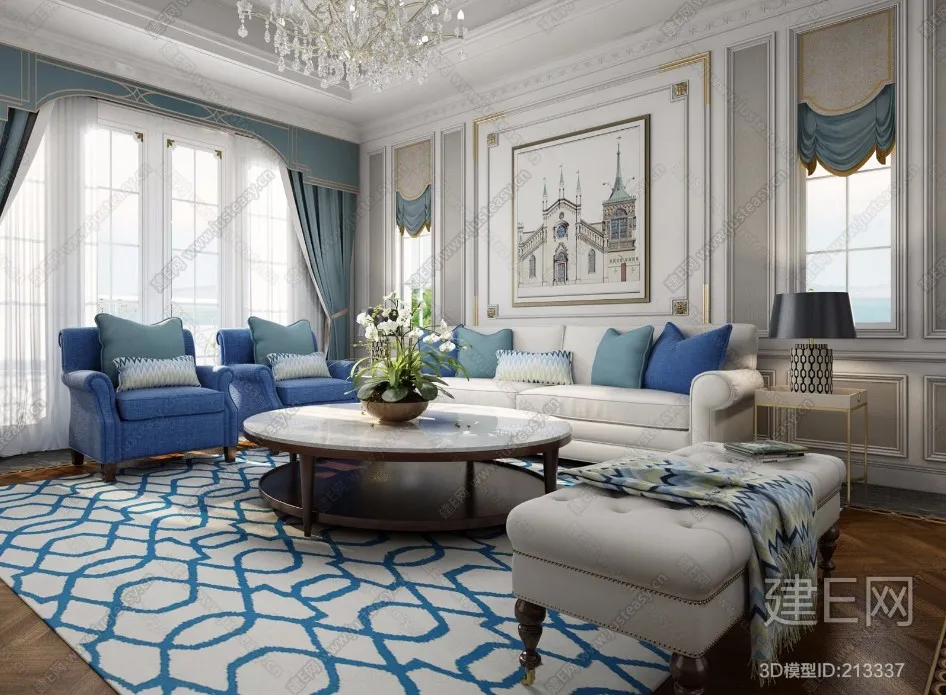 Living Room 3D Interior Scene - American Style - 035