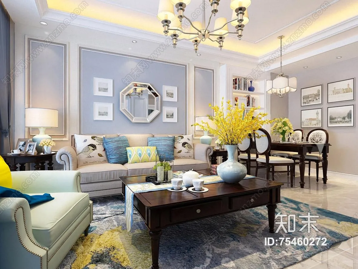 Living Room 3D Interior Scene - American Style - 036