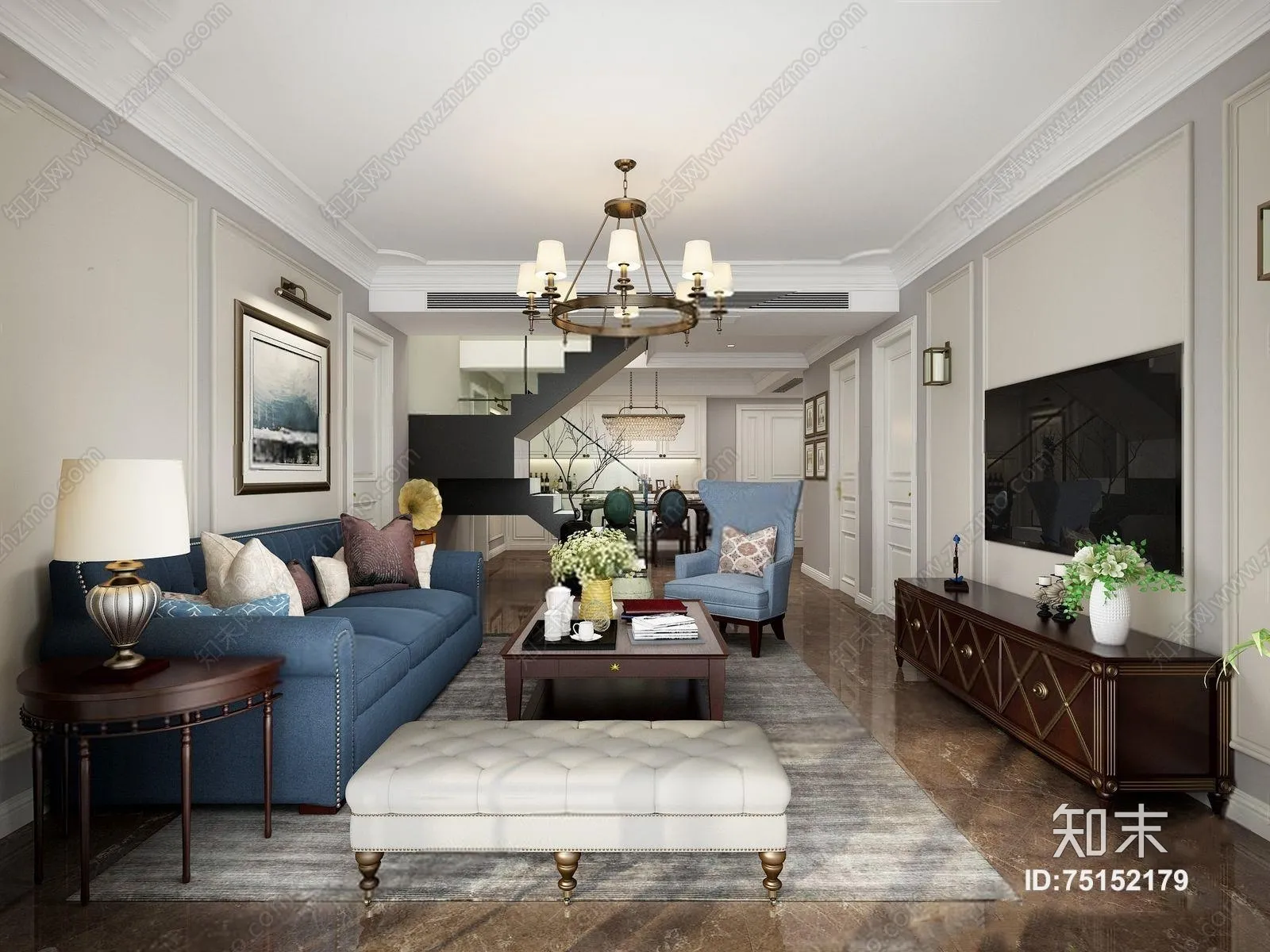 Living Room 3D Interior Scene - American Style - 037