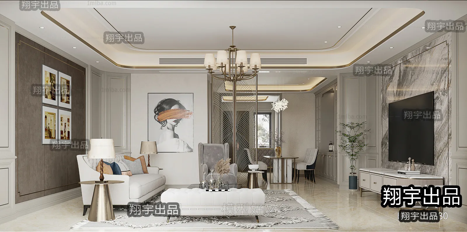 Living Room 3D Interior Scene - American Style - 039