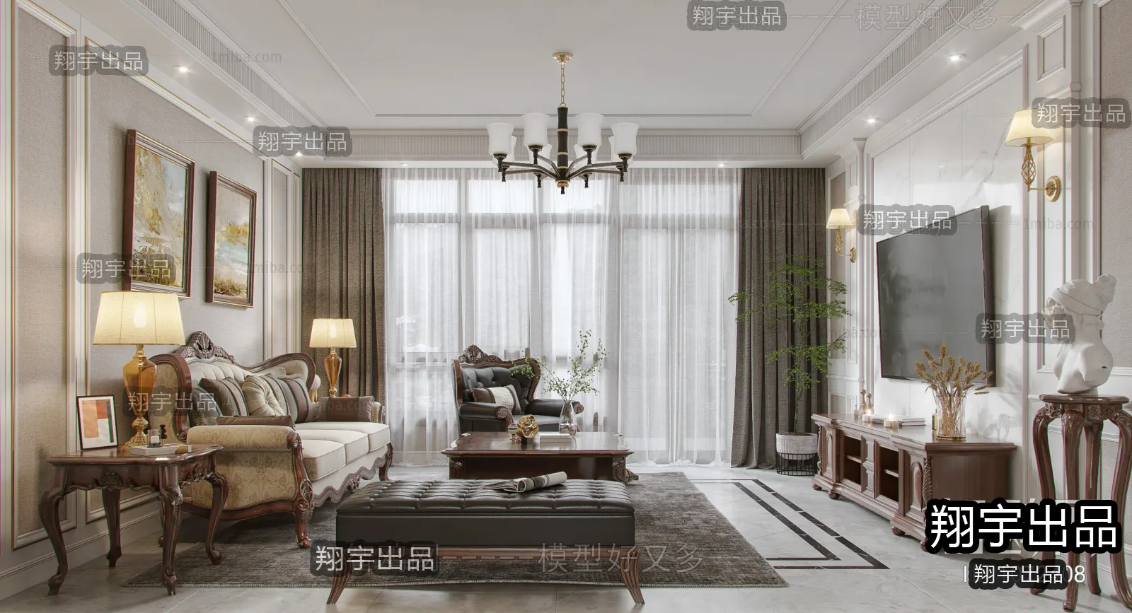 Living Room 3D Interior Scene - American Style - 041